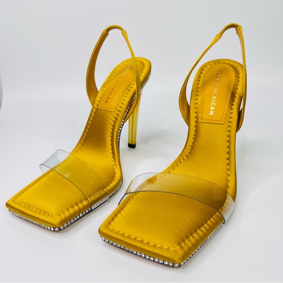 Good American Yellow Satin Lucite Slingback Square Toe Rhinestones Sandals Sz9 - Picture 13 of 16